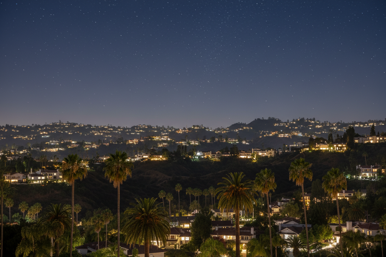 Beverly Hills Skyline lit up at night with stars in the sky